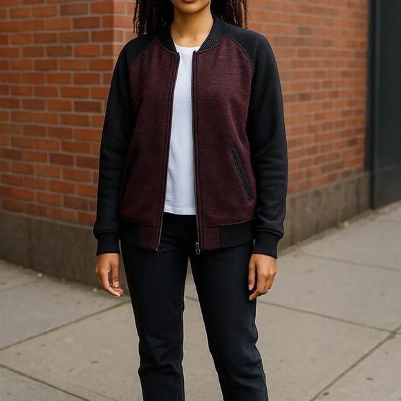 Aritzia Wilfred Varsity Bomber Jacket Size 8 Wool & Cotton Blend Black/ Maroon - Picture 1 of 12